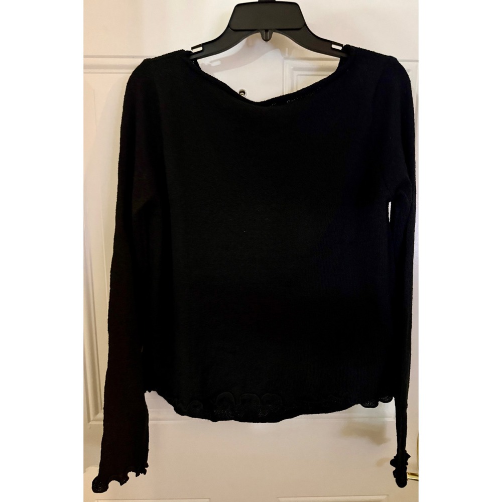 Qinsen Long Sleeve Knit Top Size L New Black Lettuce Trim Boat Neck Sweater - Picture 3 of 8